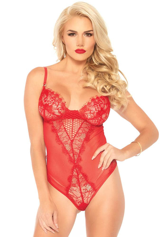 Lace And Sheer Mesh Teddy Red M - Body-uri