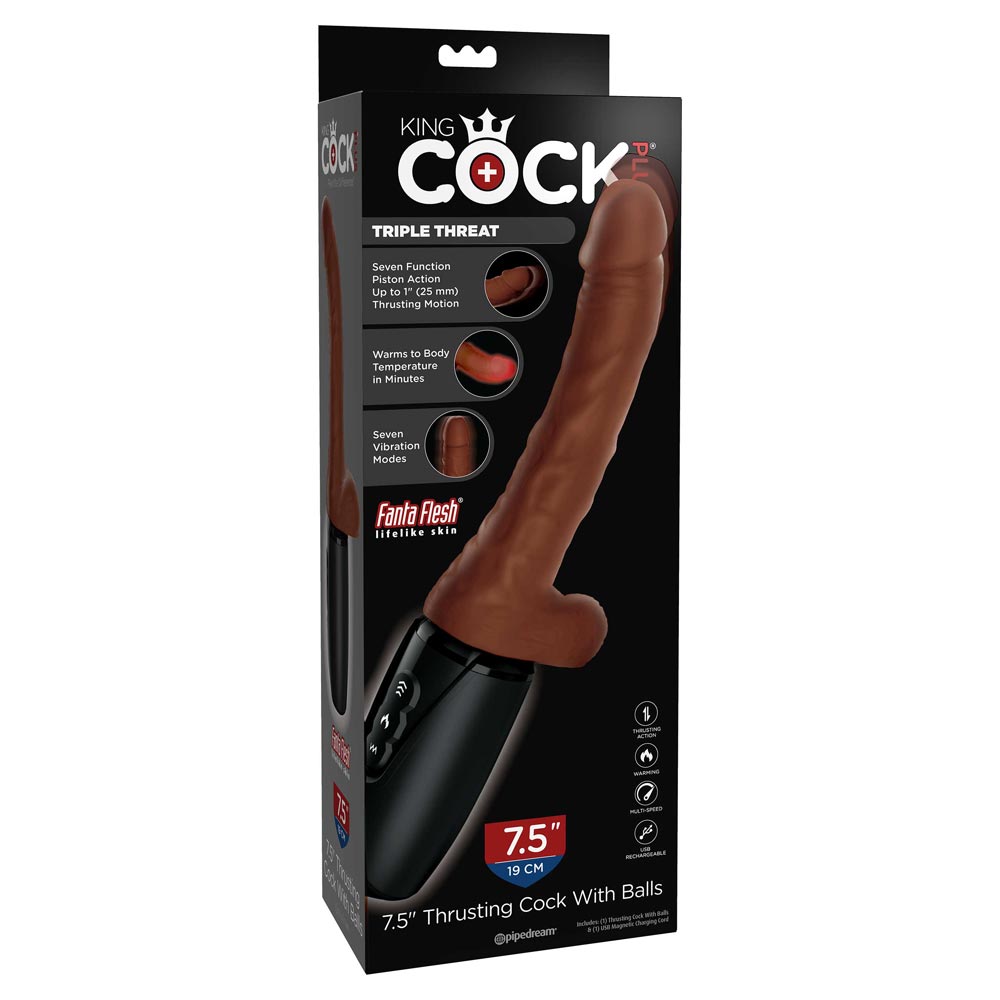 7.5" Thrusting Cock with Balls Brown Vibrator Cu Efect De Incalzire Culoare Maro